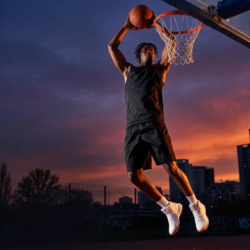 Basketbalista při smeči na venkovním hřišti v botách Kinetra Court High