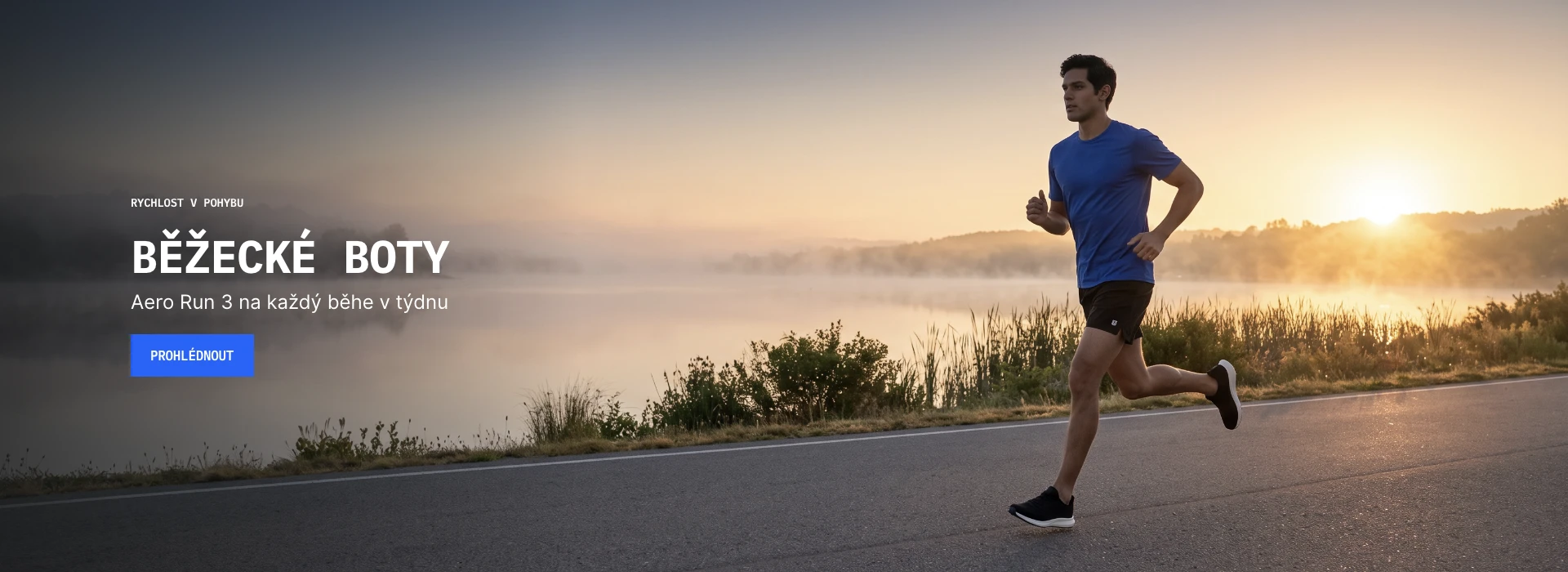 Běžec v botách Kinetra Aero Run 3 na silnici u jezera při východu slunce